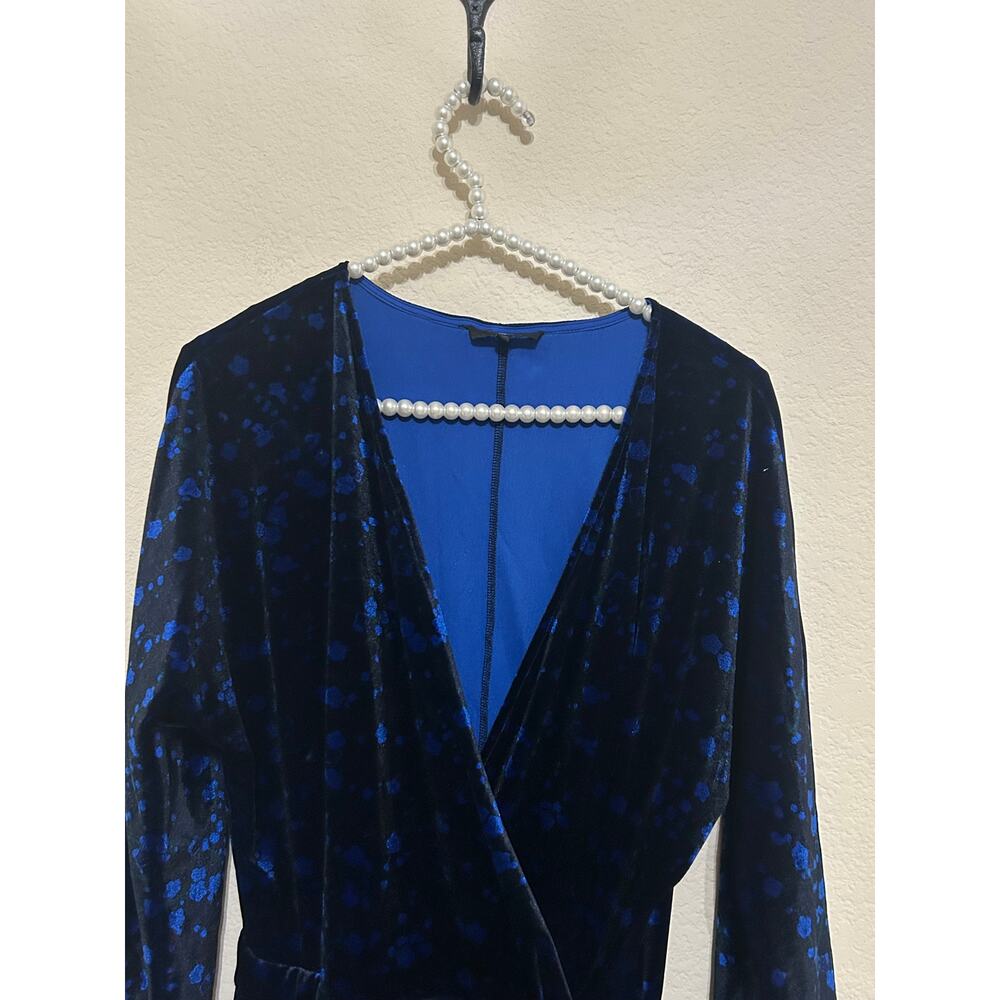 FRNCH Paris Wrap Dress Size Small Velvet Long Sleeve Black Blue Preppy Winter - Picture 6 of 12